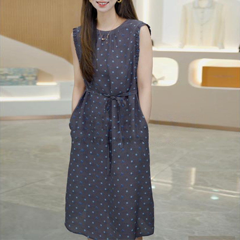 气质波点无袖连衣裙女2025新款夏季时尚收腰显瘦设计印花a字裙子