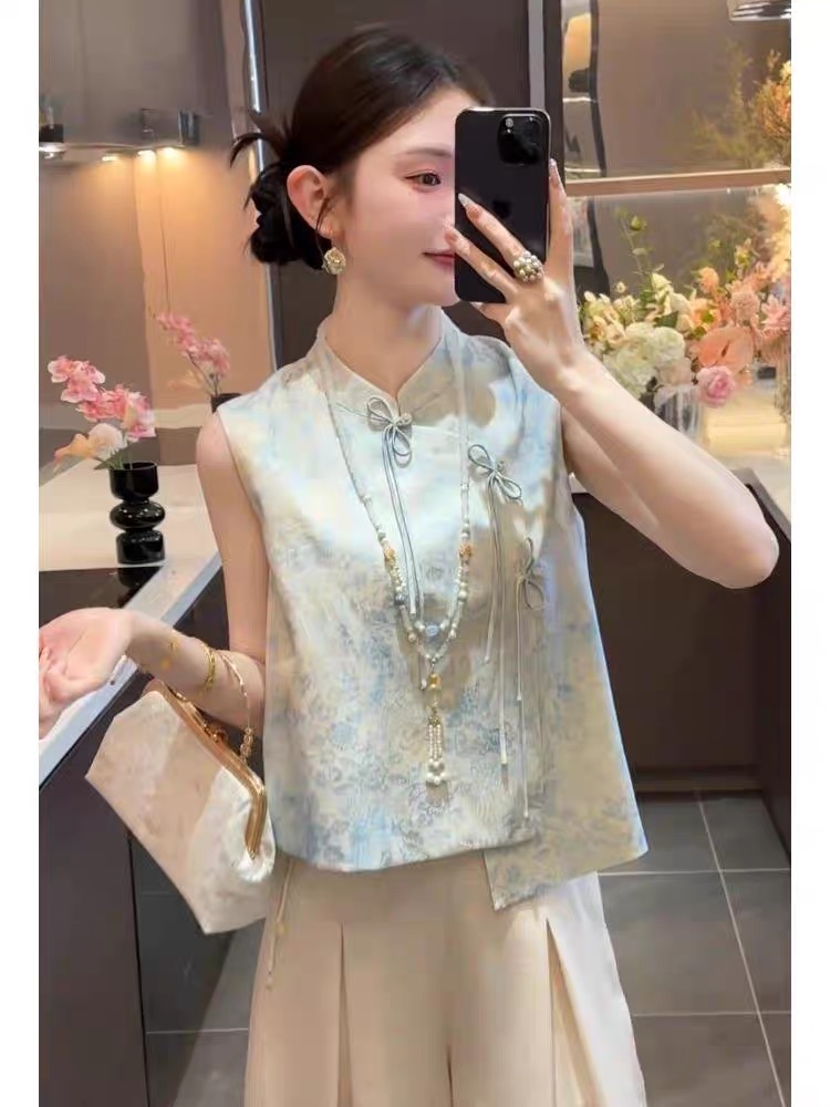 新中式国风蓝色提花短袖衬衫女2025夏季新款高级感特气质立领衬衣