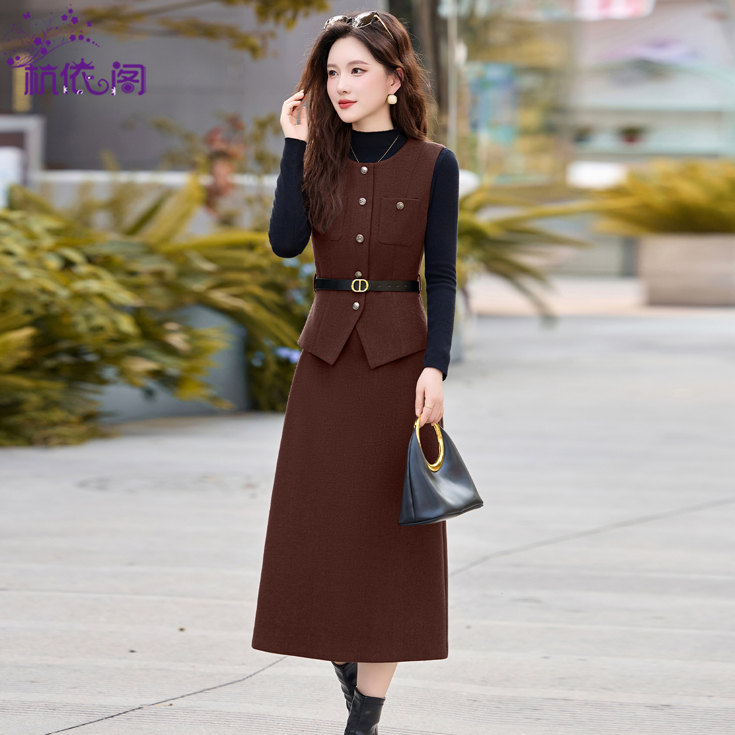 毛呢背心连衣裙两件套女秋冬2025新款高级感气质修身洋气套装裙子