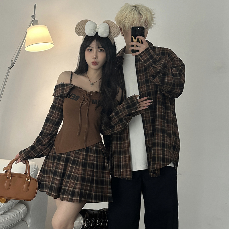 情侣装春秋季美式辣妹修身显瘦拼色格子吊带连衣裙男衬衫一裙一衣