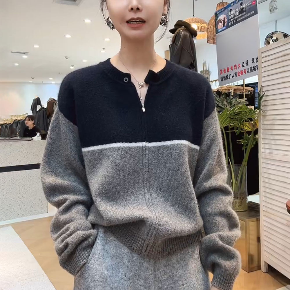 撞色拉链针织衫女士秋冬慵懒风时尚宽松显瘦高级感减龄毛衣上衣