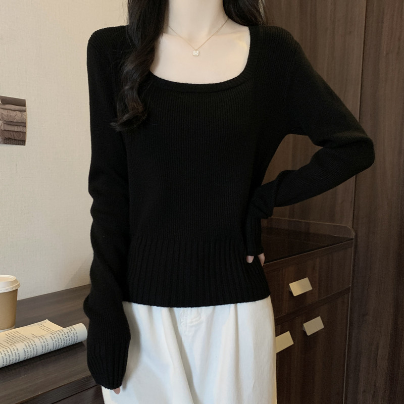 大码女装简约百搭方领长袖针织衫2025秋冬新款胖MM内搭打底衫上衣