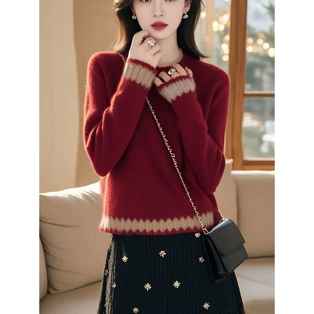 新款今年流行漂亮慵懒高级感韩系宽松酒红色套头厚毛衣女冬季