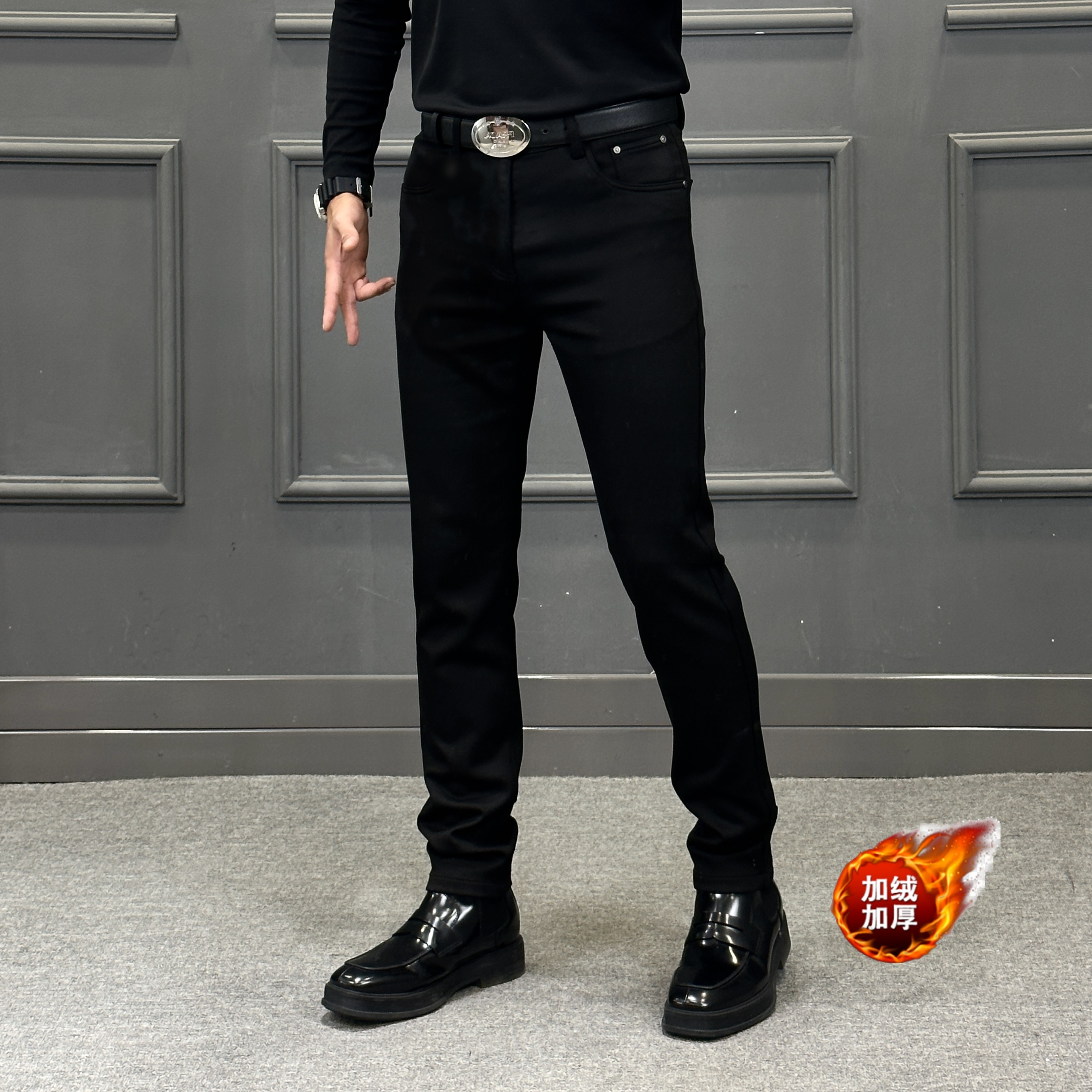 【壹帧品】高端爆款单腿过冬加绒修身小脚弹力冬季防褪色牛仔裤男款