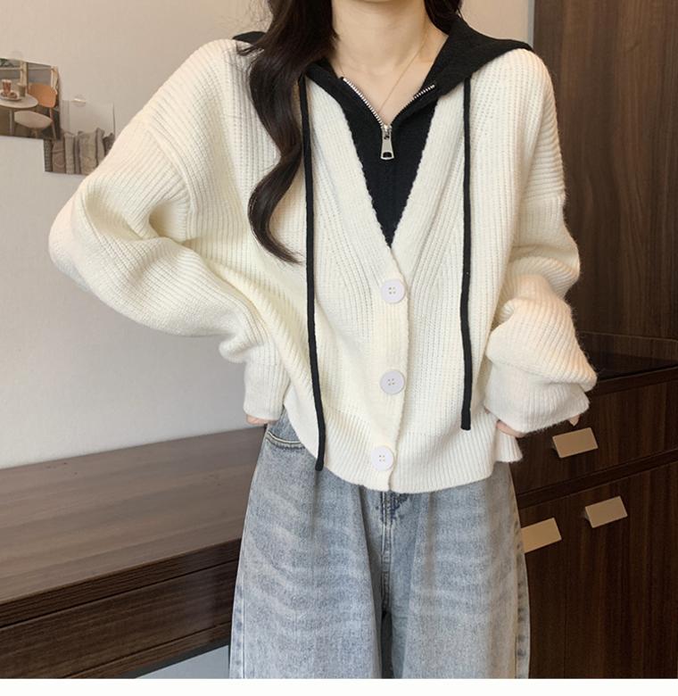 韩版连帽撞色假两件长袖宽松慵懒风罩衫2025早秋新款针织衫外套女