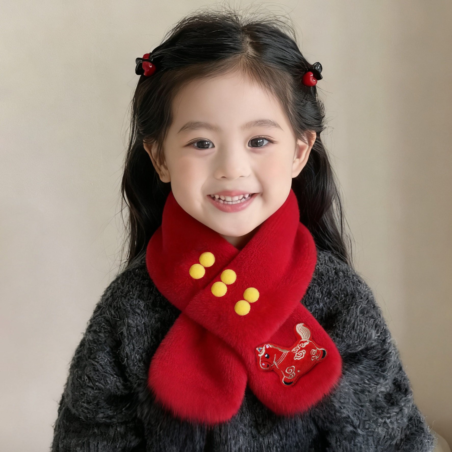 新年中国红儿童毛绒围巾加厚脖套仿兔毛男女童宝宝冬季喜庆围脖