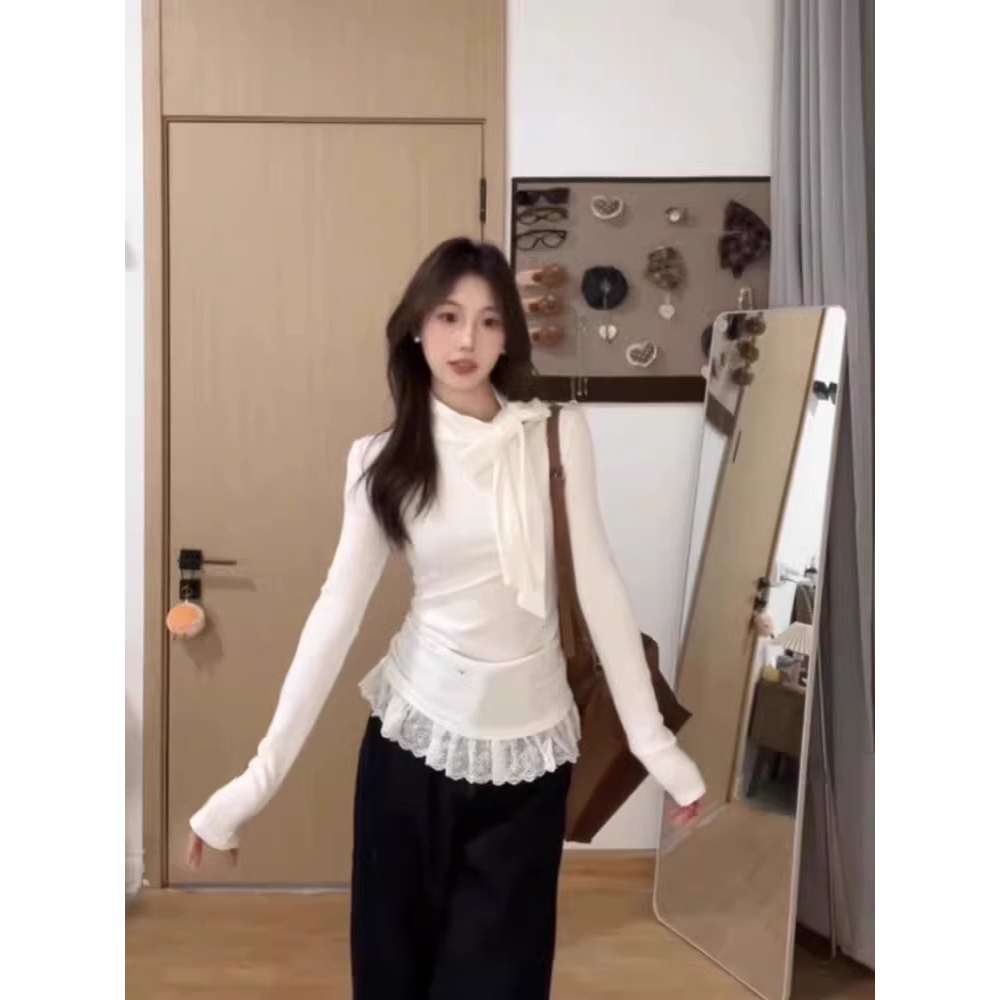 纯欲风绑带蝴蝶结设计感长袖t恤女秋季蕾丝边收腰显瘦针织衫上衣