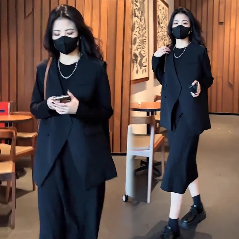 时尚套装女2025春秋季新款时髦洋气过膝长款连衣裙西装马甲两件套