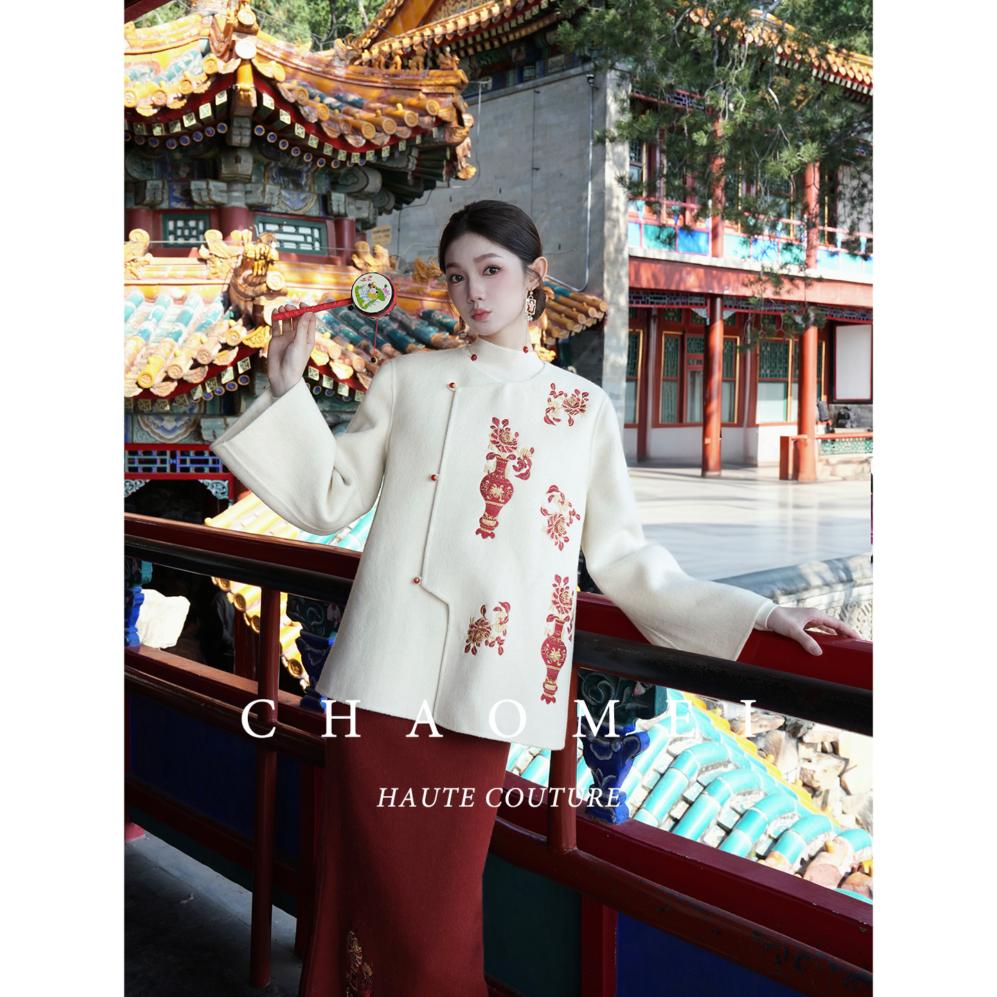 【千禧】冯（CHAOMEI国风新中式定位绣花绵羊毛骆驼绒外套+半裙