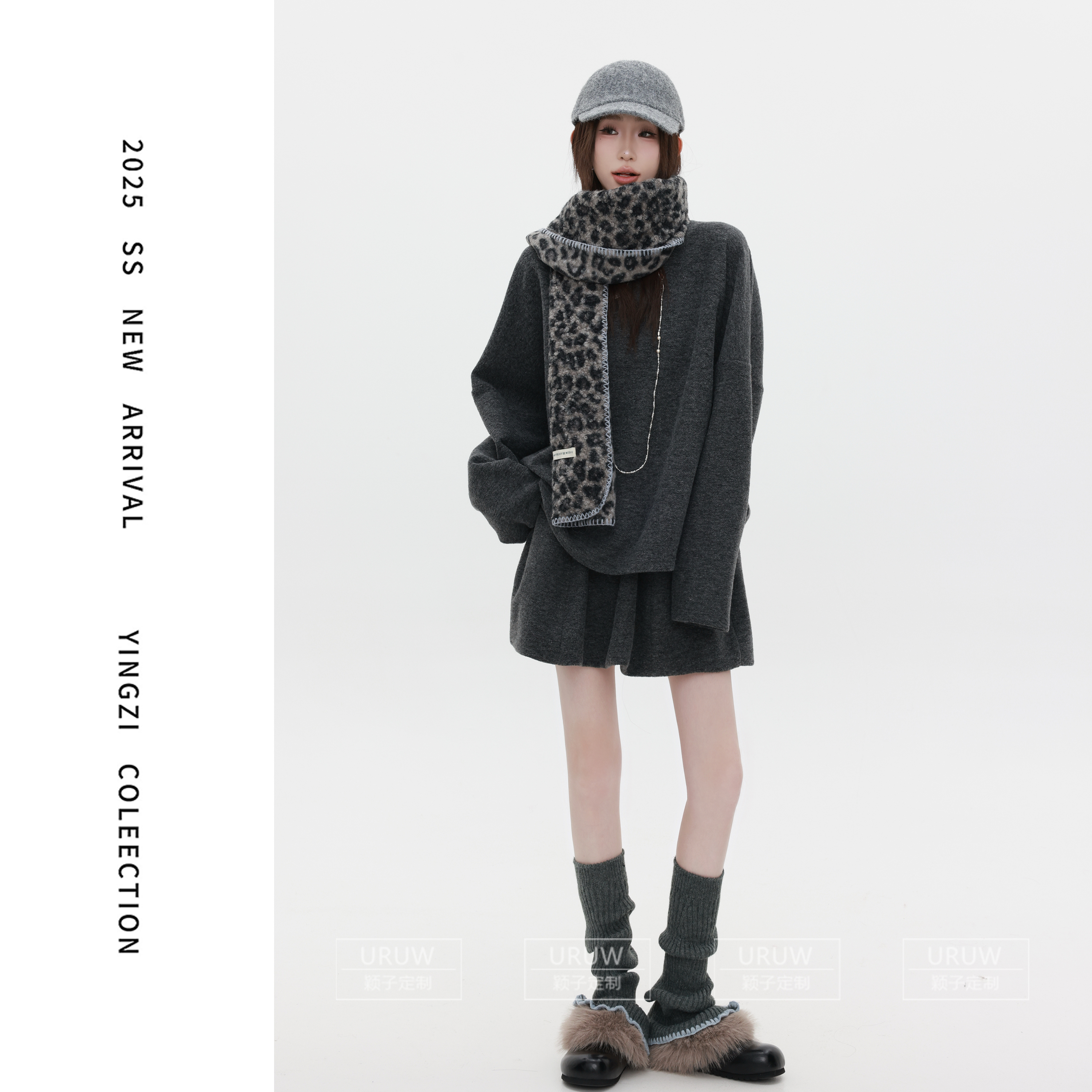 颖子定制【琥珀时光】冬季休闲风纯色圆领上衣简约百搭高腰短裙2167