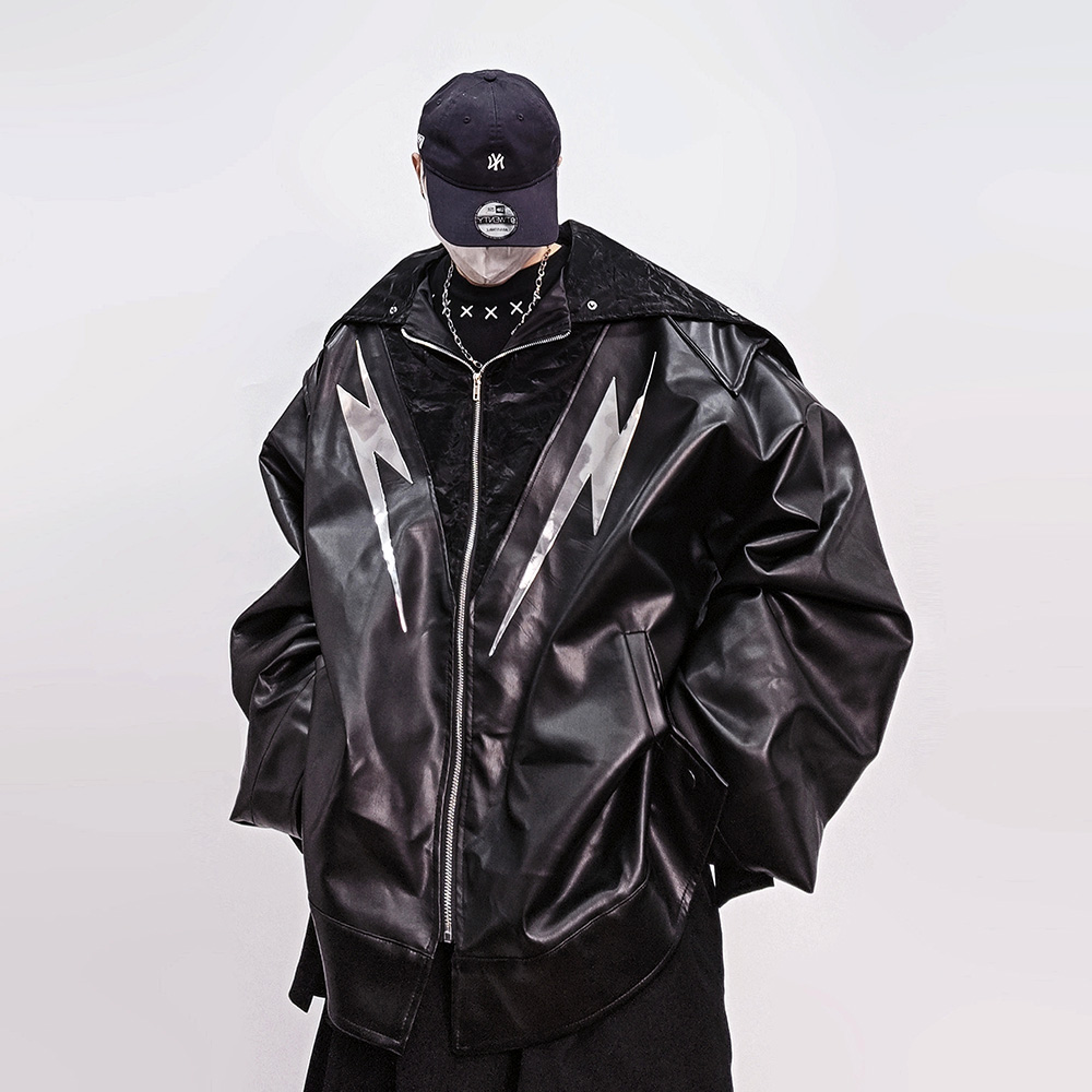 UUCSCC嘻哈潮牌PU皮衣飞行员夹克高街复古宽松oversize棒球服外套