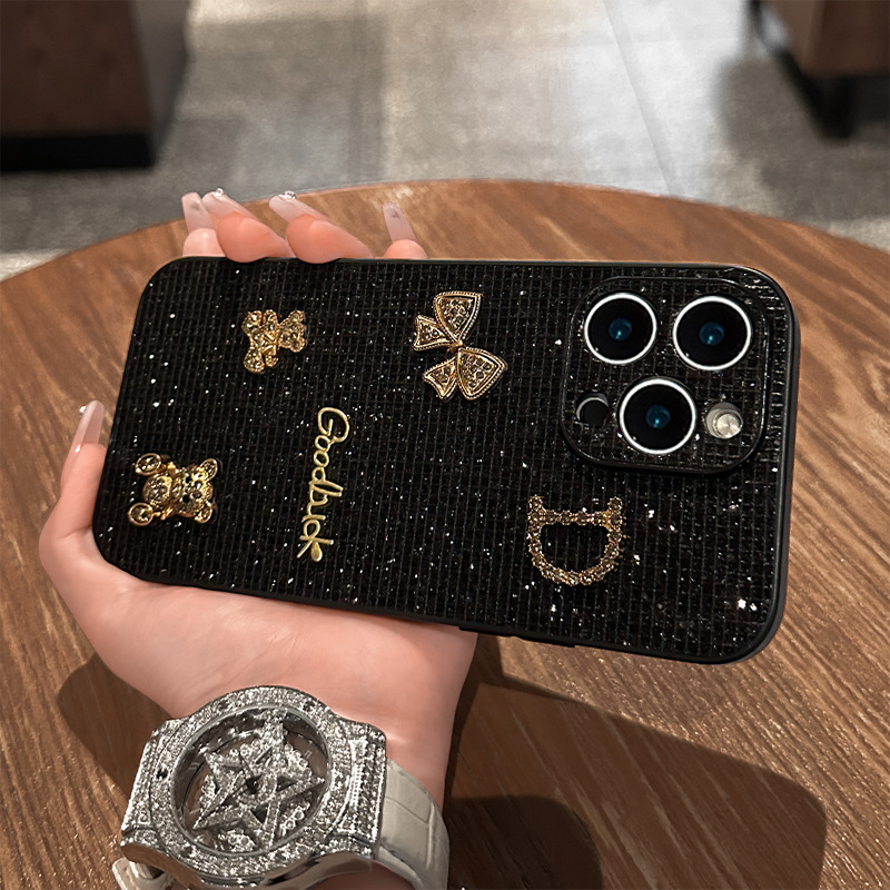 适用苹果15promax闪钻蝴蝶结小熊公仔手机壳iphone16轻奢高级感14