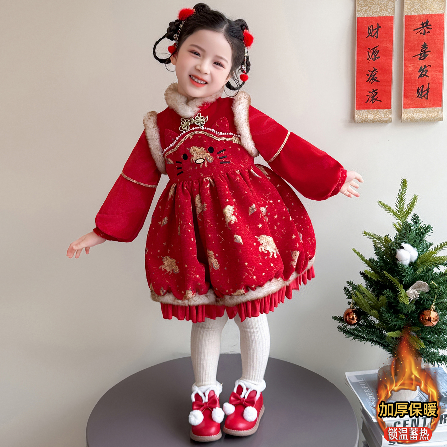 女童连衣裙秋冬季2025新款洋气儿童加绒花苞裙加厚保暖冬装拜年服