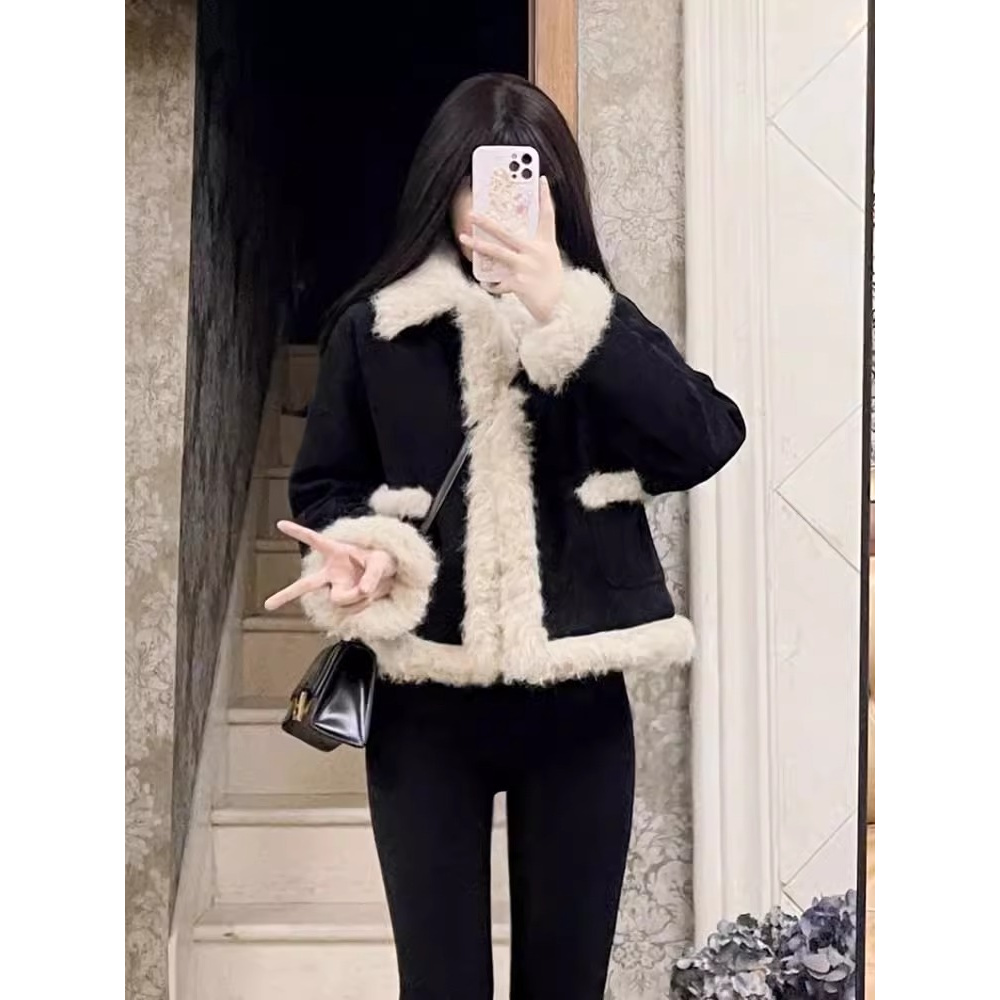 2025冬新款小香风羊羔毛外套女黑色灯芯绒环保皮草小个子毛绒上衣