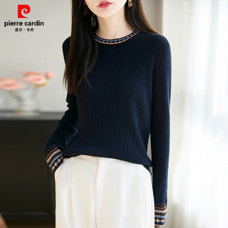 皮尔卡丹复古提花圆领套头加厚毛衣女秋冬新款洋气超好看韩版宽松