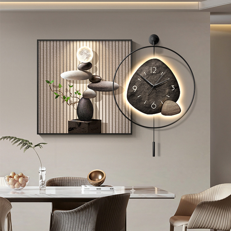 现代轻奢高级感餐厅装饰画挂钟石来运转饭厅餐桌墙挂画带钟表壁画