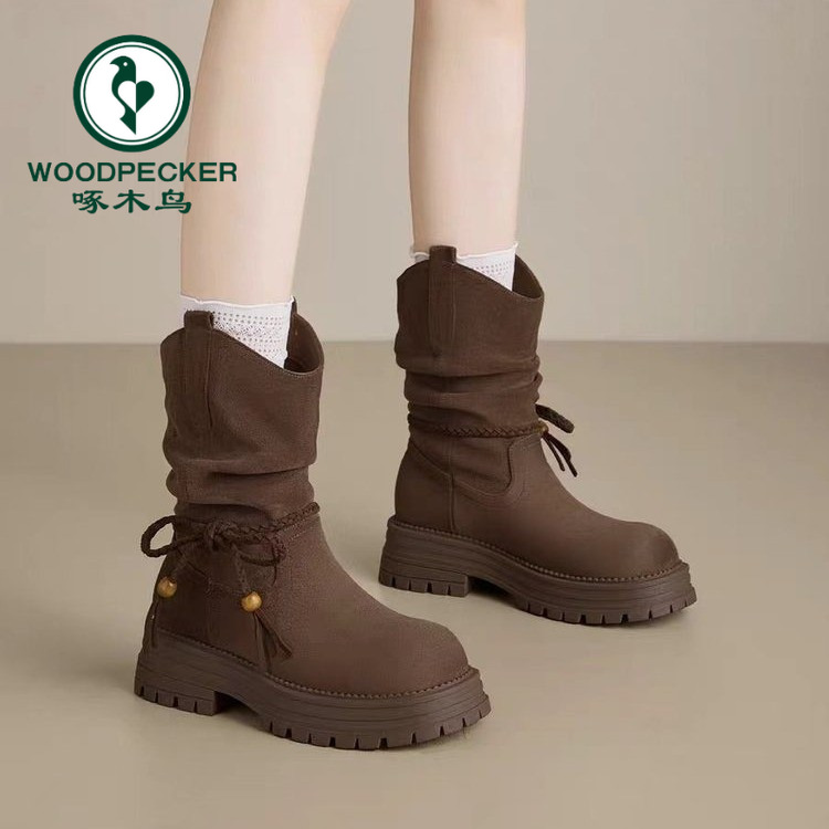 啄木鸟厚底西部靴女2025新款秋款堆堆靴复古风蝴蝶结短靴骑士靴子