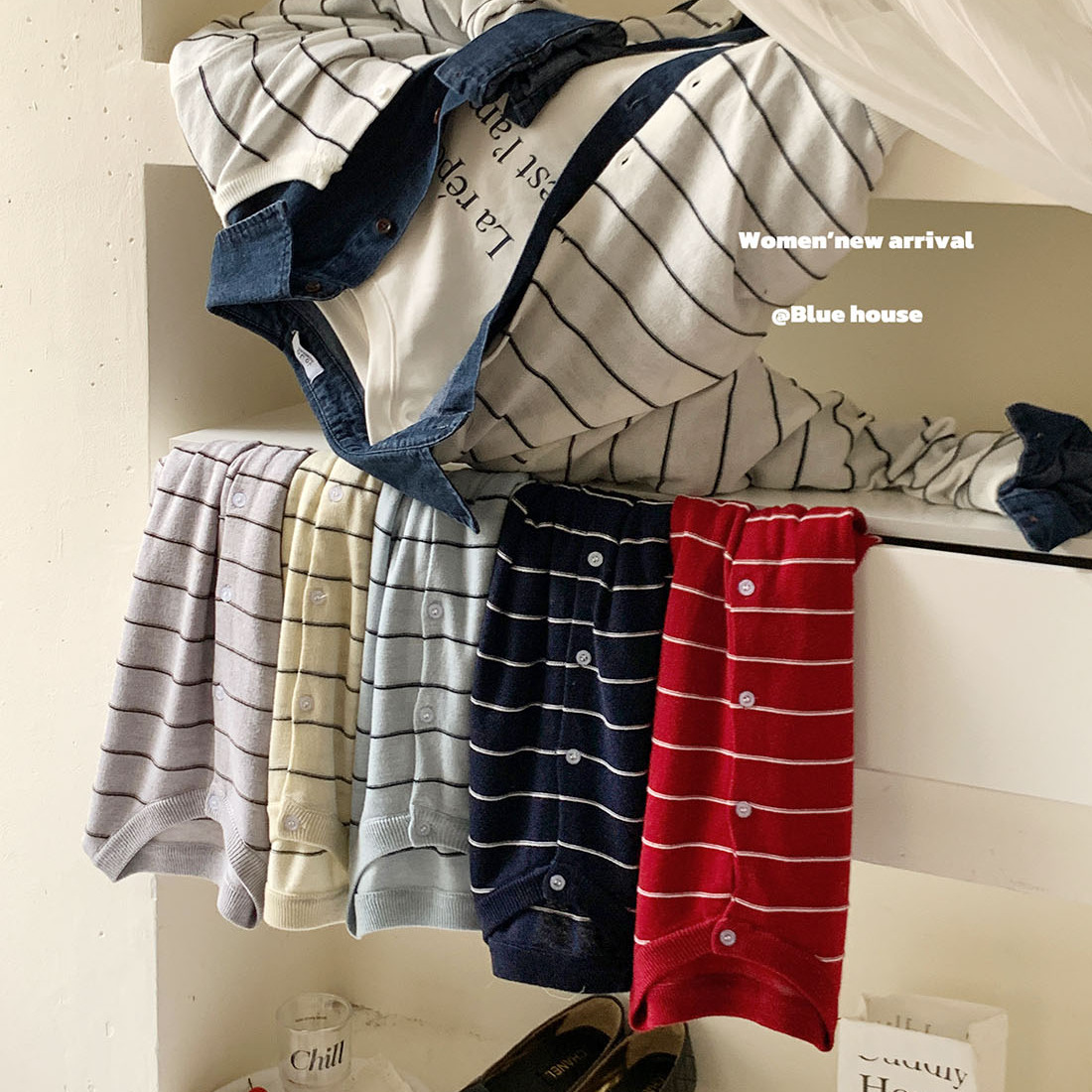 日韩复古软糯条纹针织开衫女秋休闲叠穿外搭简约气质圆领外套上衣