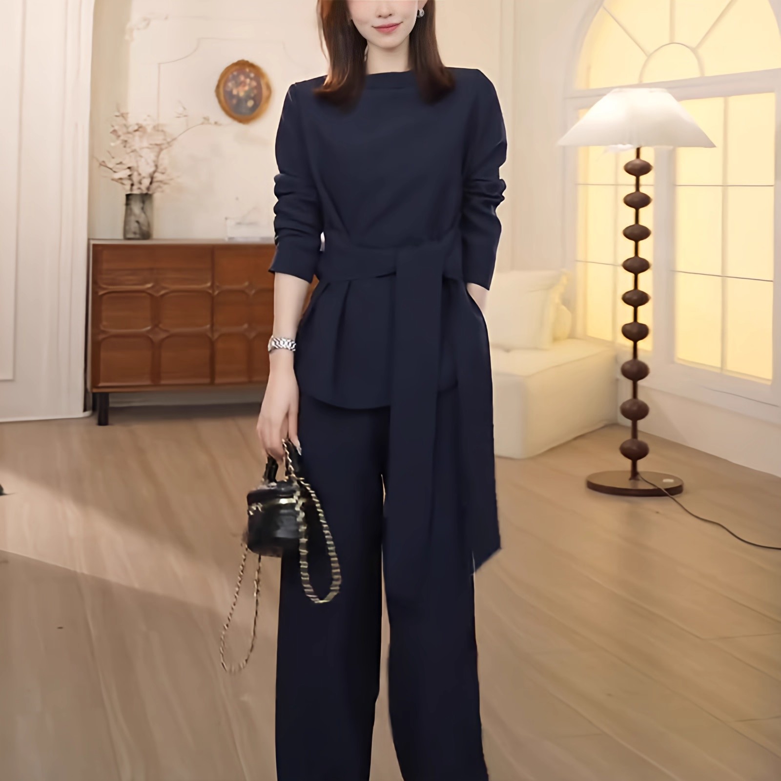 胖mm早秋新款时尚穿搭一整套修身显瘦绑带上衣阔腿裤大码两件套女