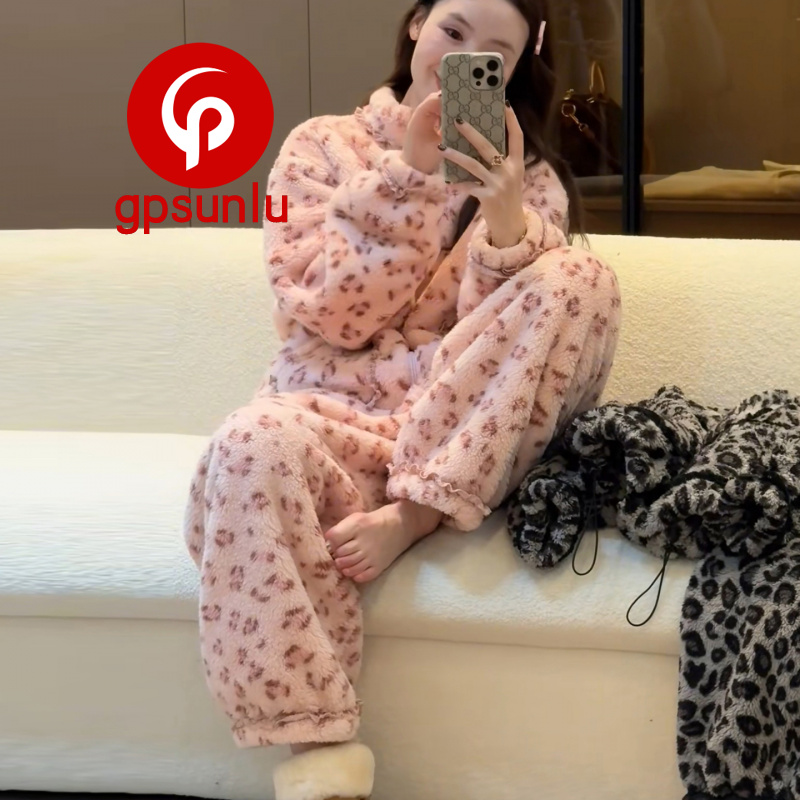 GPsunlu高端时尚女士加厚珊瑚绒保暖睡衣女秋冬新款可外穿家居服