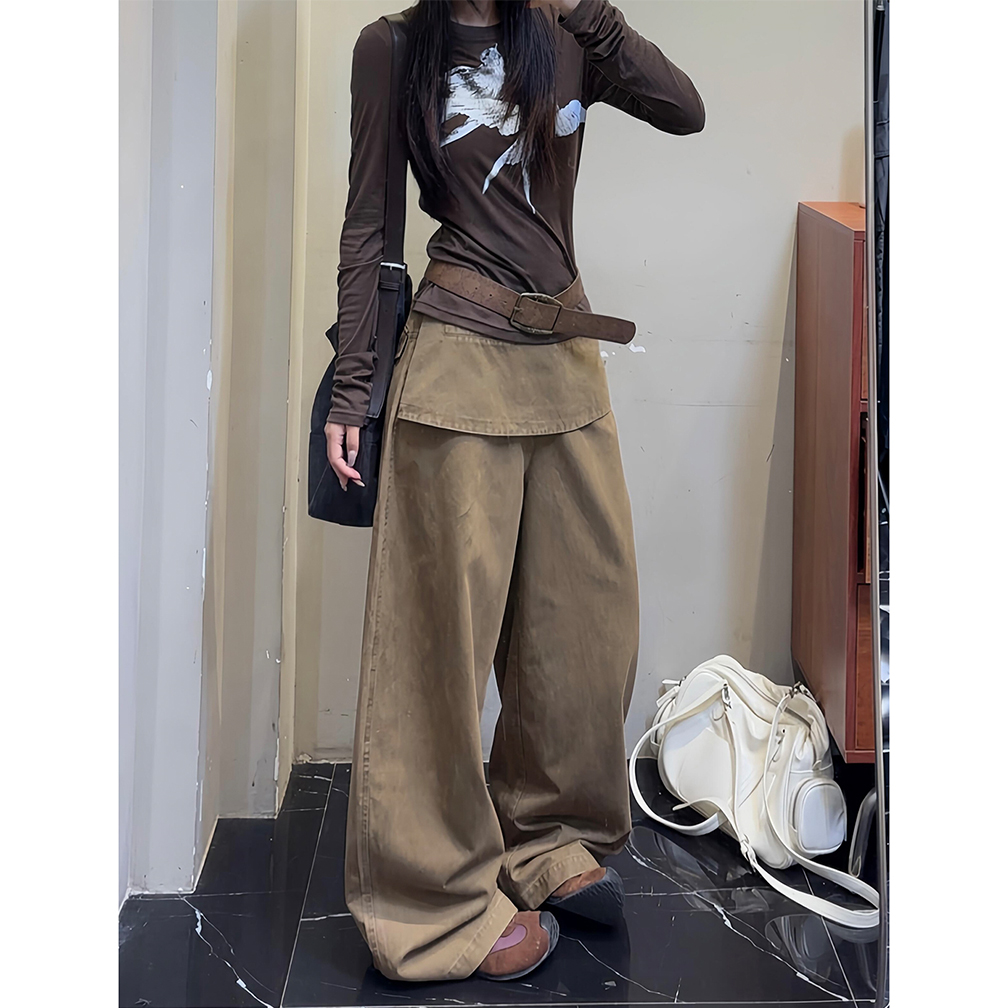 美式复古卡其色屁帘工装裤女2025秋季新款街头辣妹风假两件长裤子