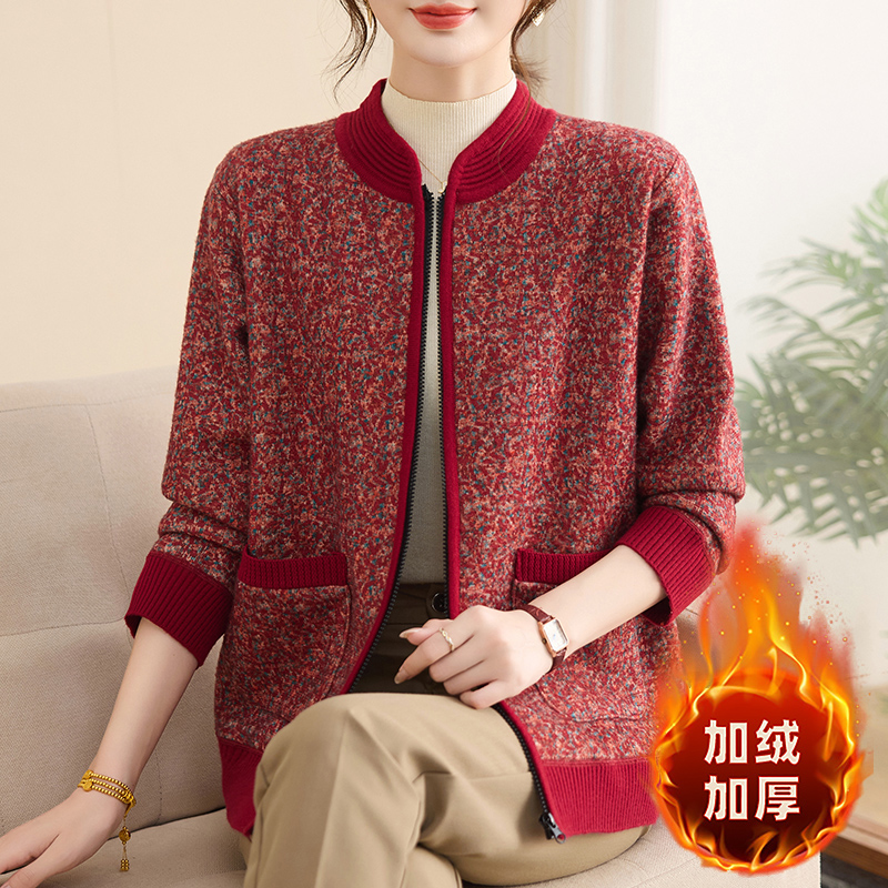 毛衣中老年女装加绒一体绒外套秋冬时尚显瘦时尚中国风拉链开衫