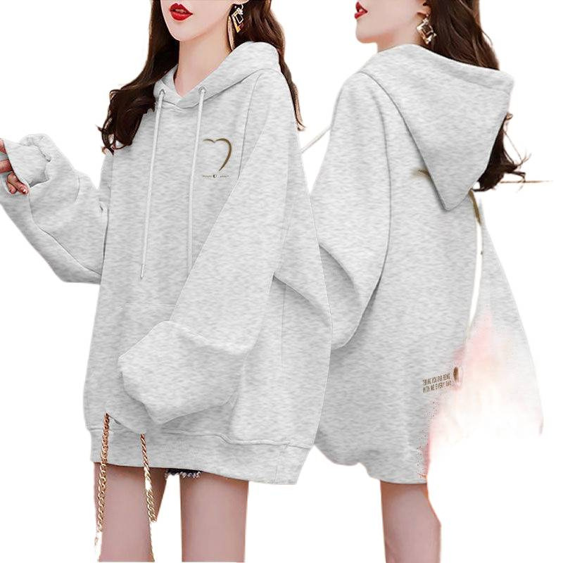 大码女装卫衣女秋冬加绒新款宽松休闲慵懒风中长款连帽外套潮