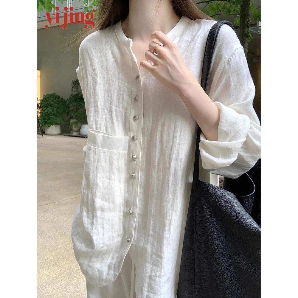 白色V领开衫长袖女衬衫夹克夏季民族风格清凉薄宽松时尚百搭上衣