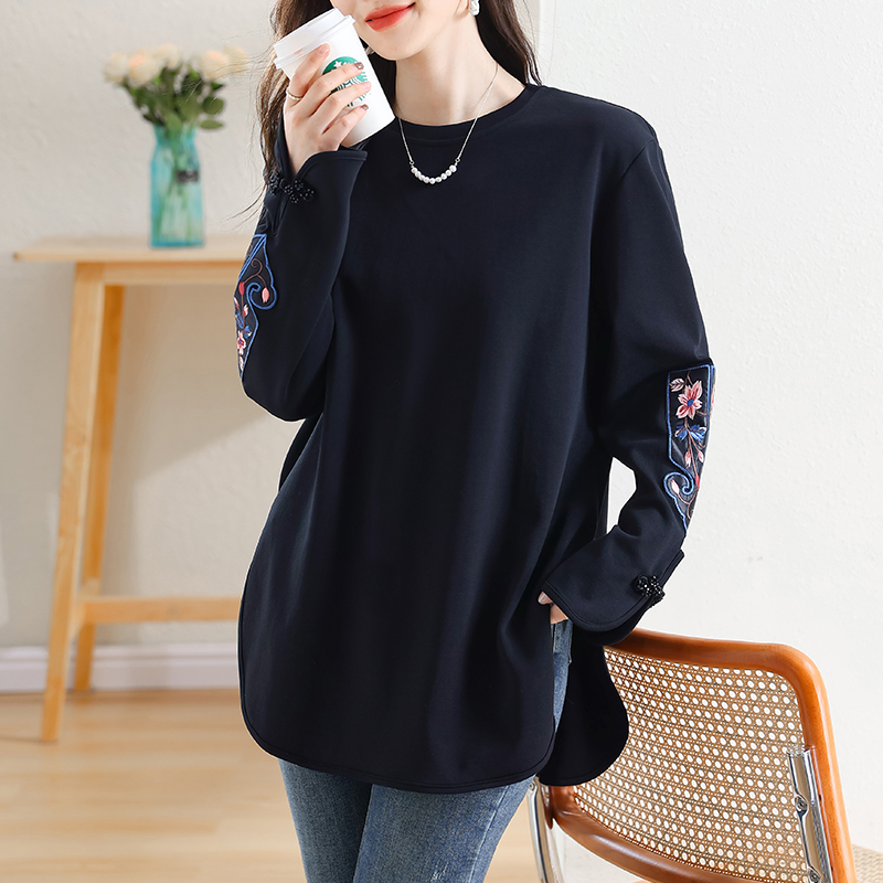 圆领国风刺绣长袖T恤2025秋冬新款宽松百搭打底上衣女中长款卫衣