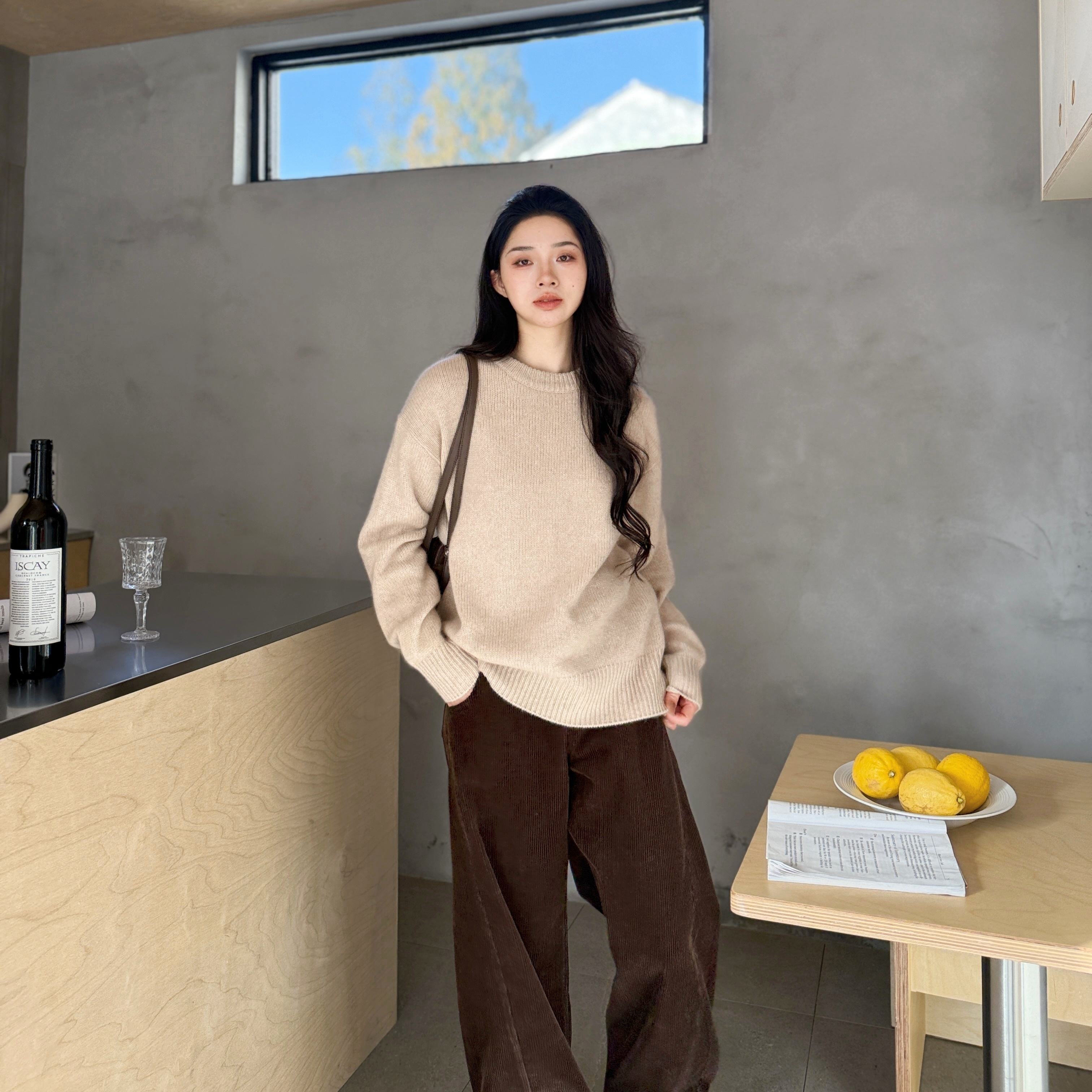 euri山野雾下丨100山羊绒丨ROW风重磅厚款圆领针织羊绒衫-MY6445