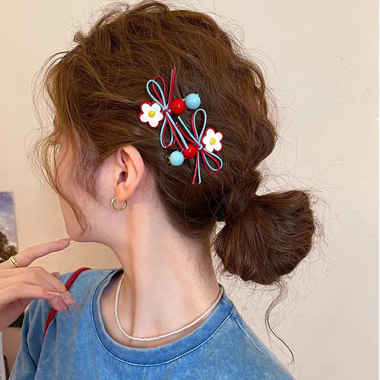 甜美红蓝花朵侧边发夹女蝴蝶结边夹前额刘海夹一字发卡鸭嘴夹发饰