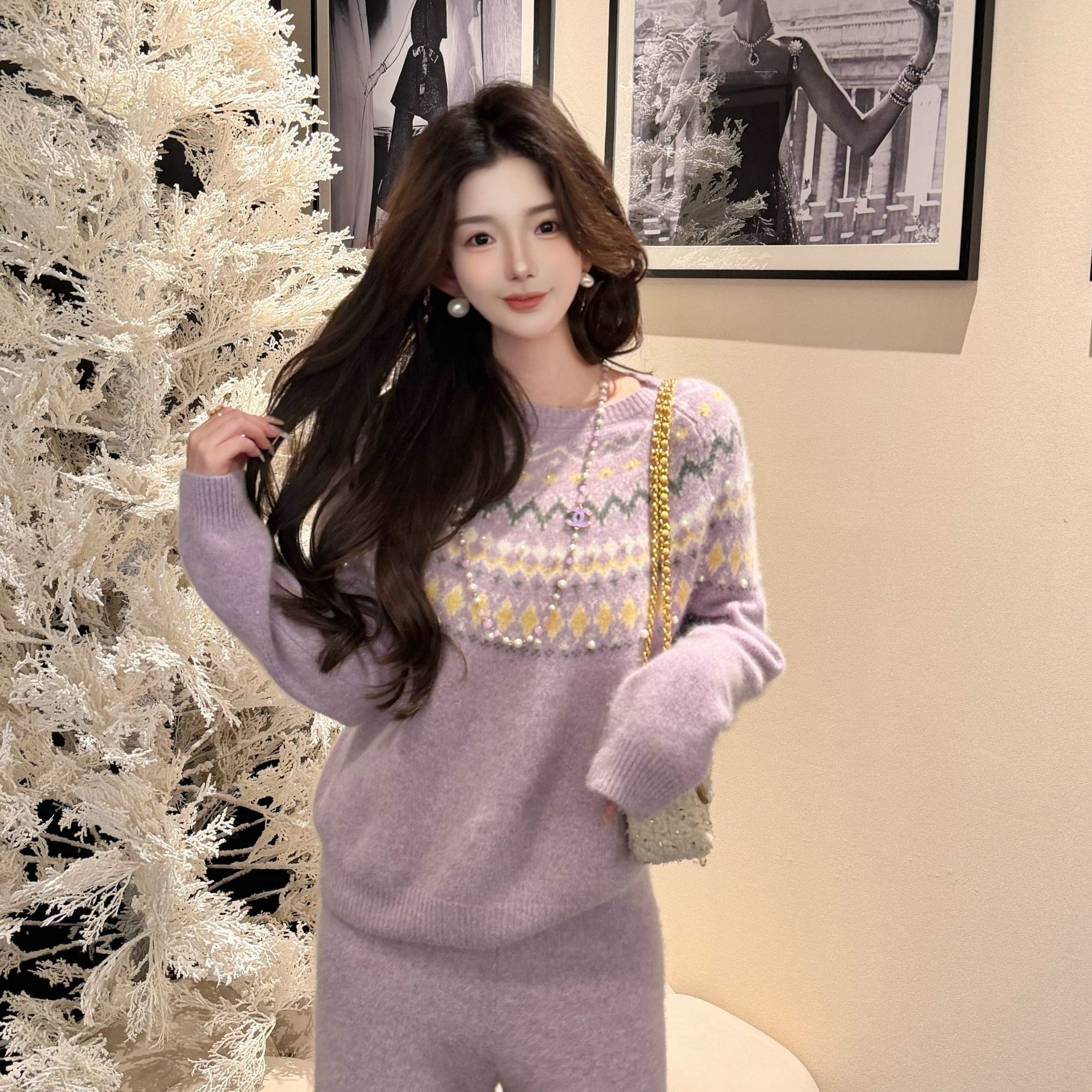 GUIDI GUDI【紫紫岛】时尚慵懒宽松休闲两件套套装/黄加蓝