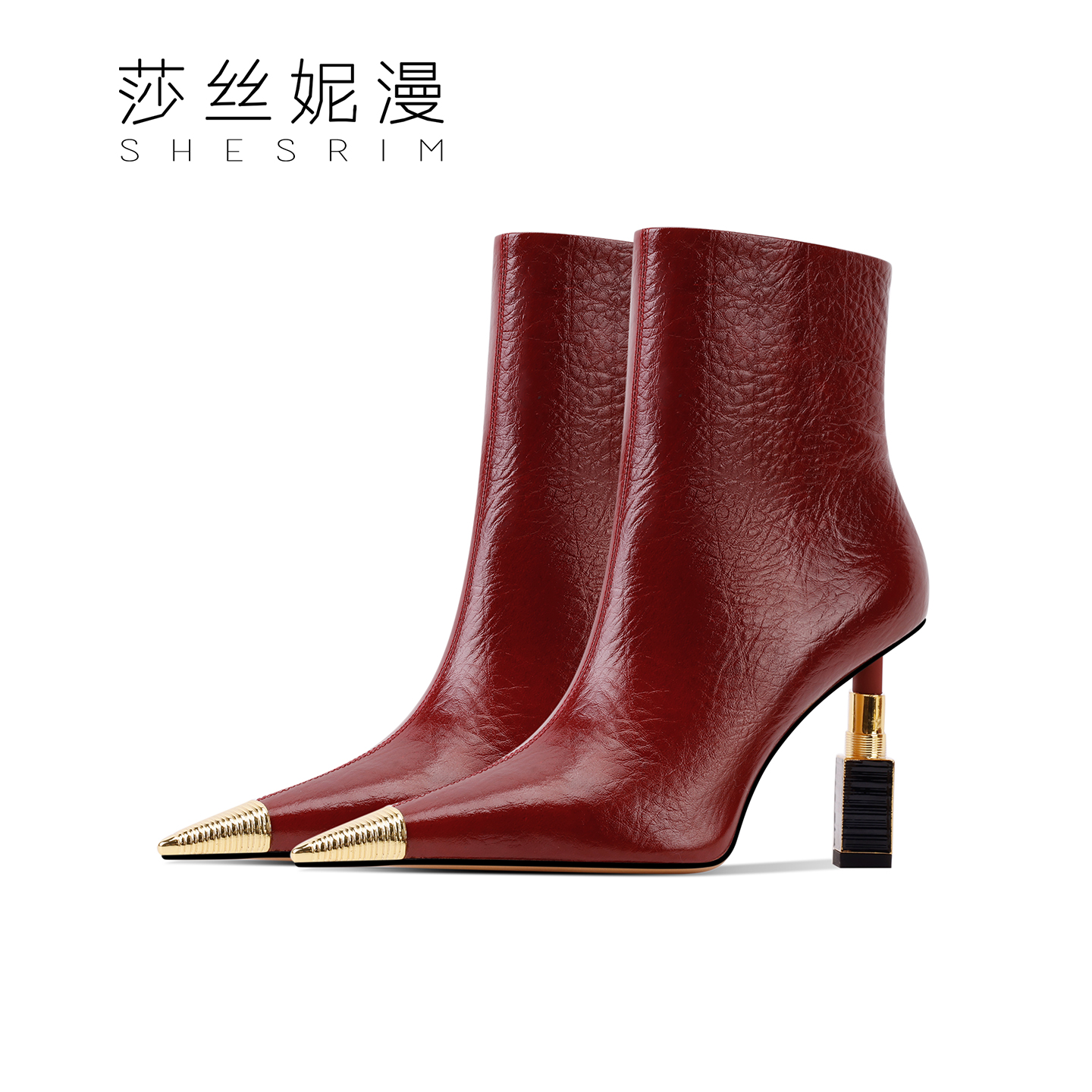 「绒里/单里」巴黎秀场大牌同款口红跟系列冬季女士短靴尖头酒红色