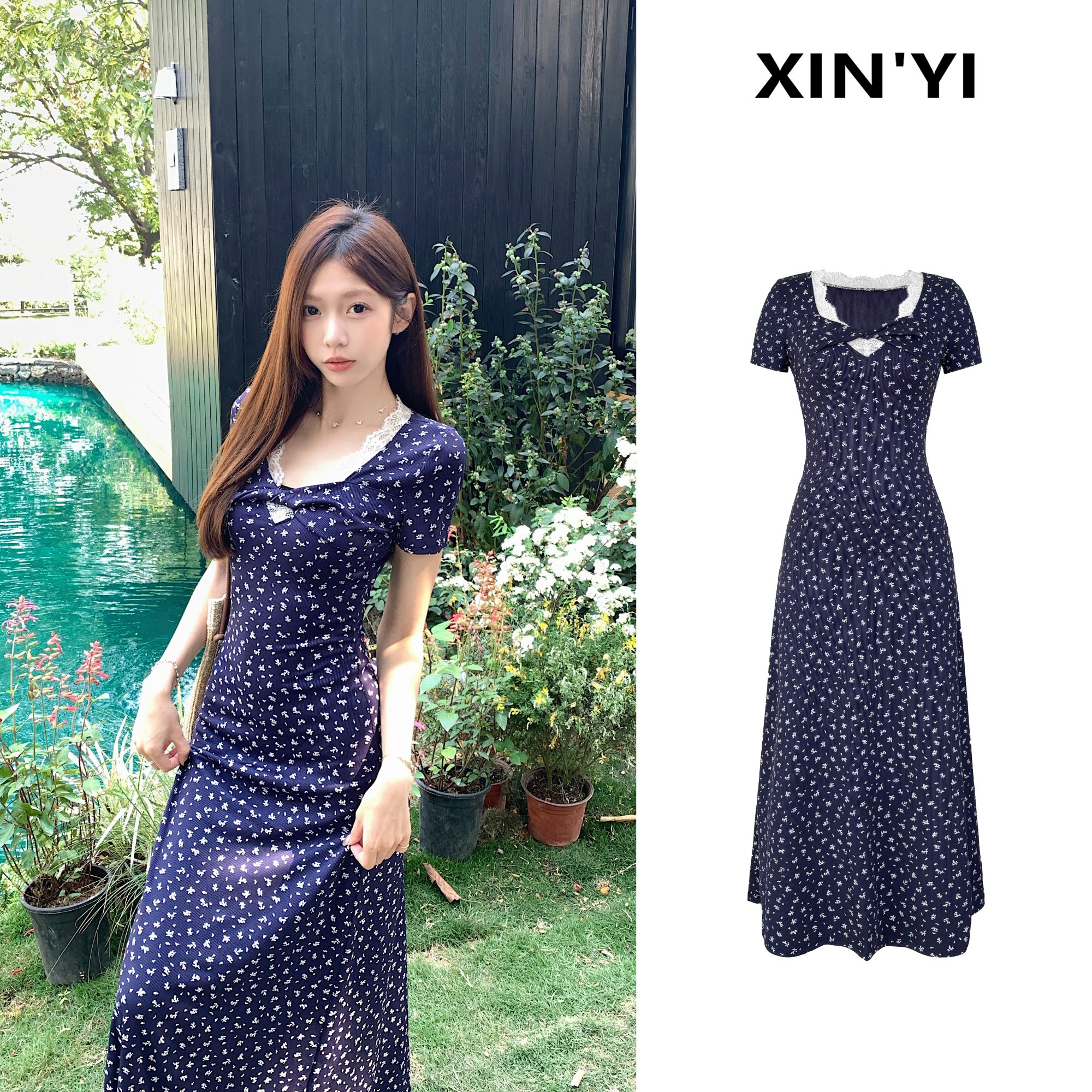 【春日梨泰院】韩版长款纯欲扭结碎花连衣裙长裙收腰显瘦裙C 8641#