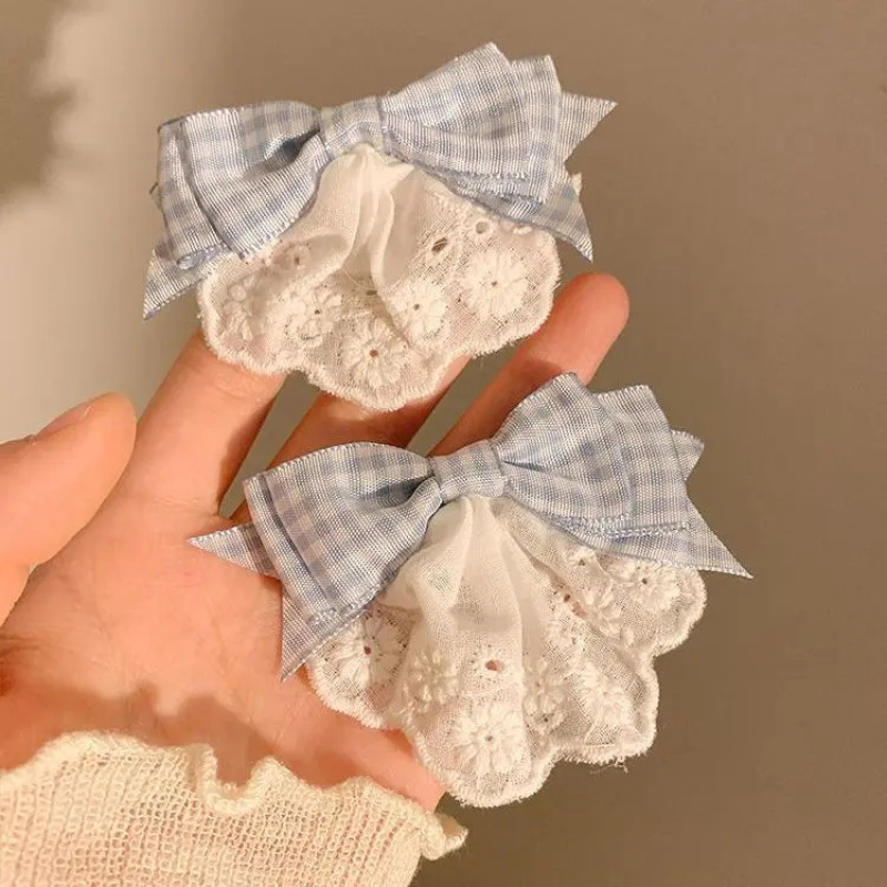 云朵泡泡~蓝色蕾丝蝴蝶结发夹女边夹侧边甜美发卡夹子头饰洛丽塔