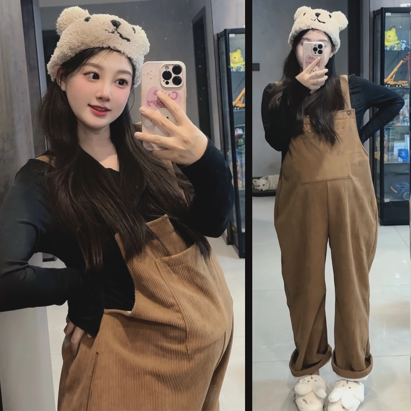 加绒加厚秋冬孕妇背带裤时尚长裤阔腿宽松直筒连体裤T恤两件套春