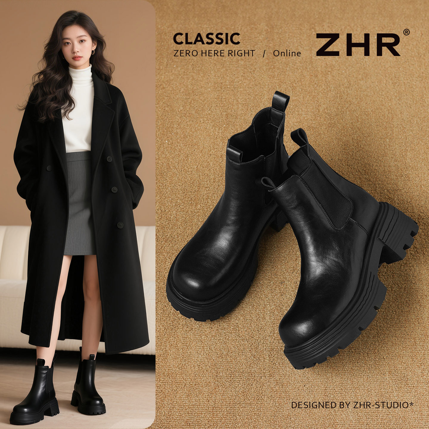 ZHR/则则粗跟切尔西靴女2025冬新款加绒保暖短靴一脚蹬圆头烟筒靴