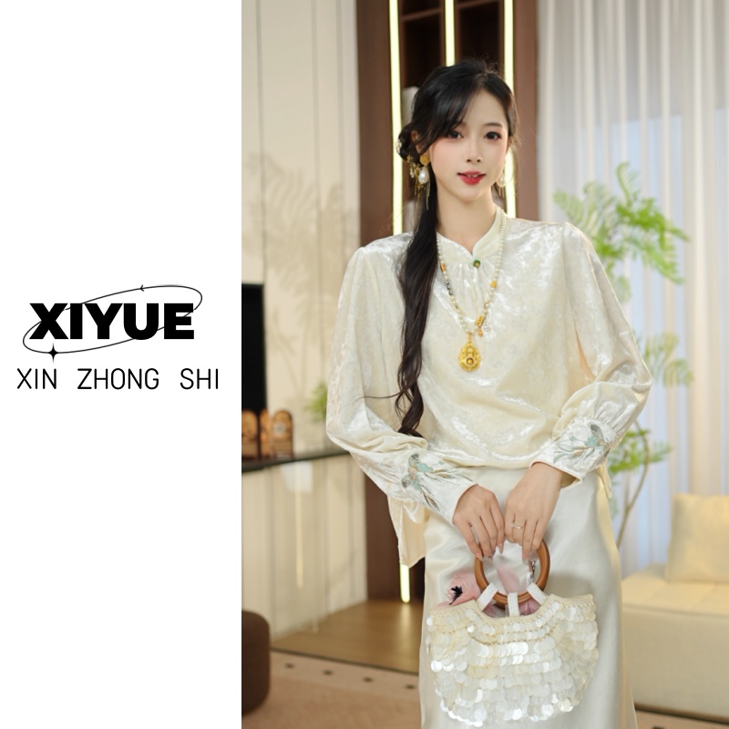 【雾野】秋季新款丝绒新中式提花精致百搭上衣打底衬衫女