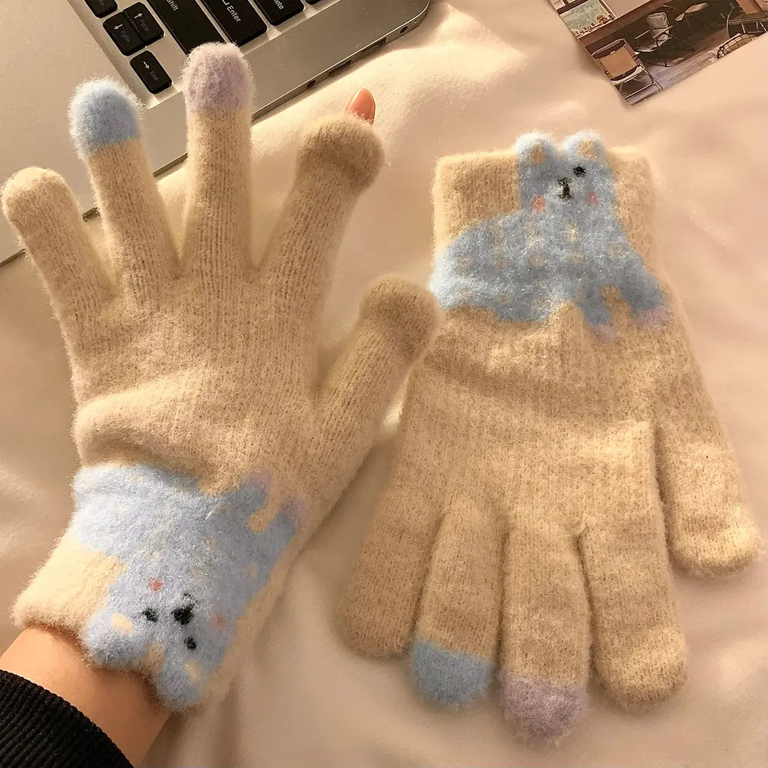 可爱腊肠狗露指触屏毛绒针织保暖手套女冬季学生加绒厚实防寒骑行