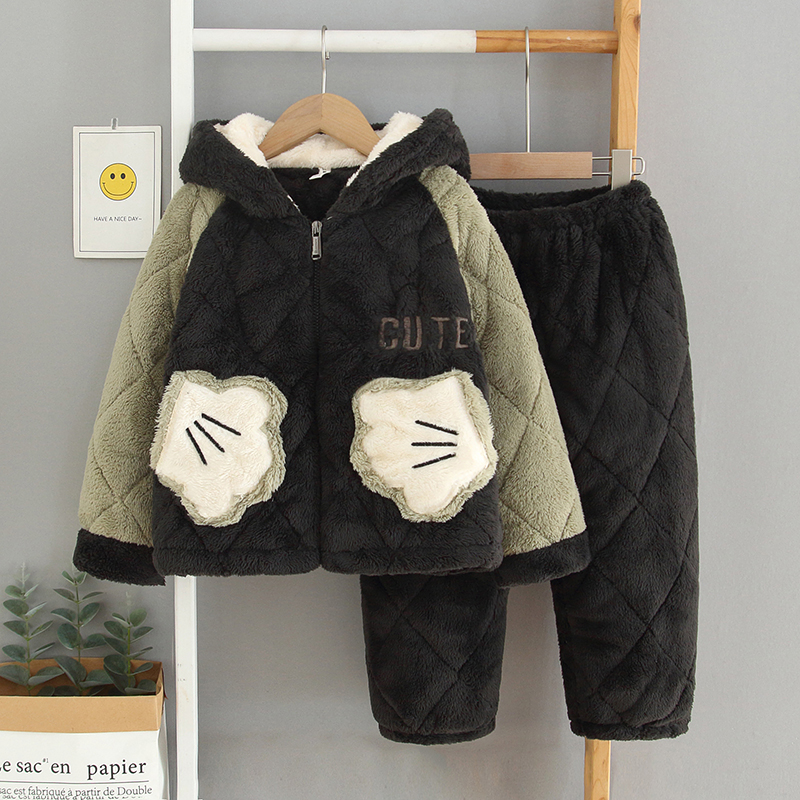 儿童睡衣男女童冬季加厚珊瑚绒三层夹棉连帽拼色法兰绒家居服套装