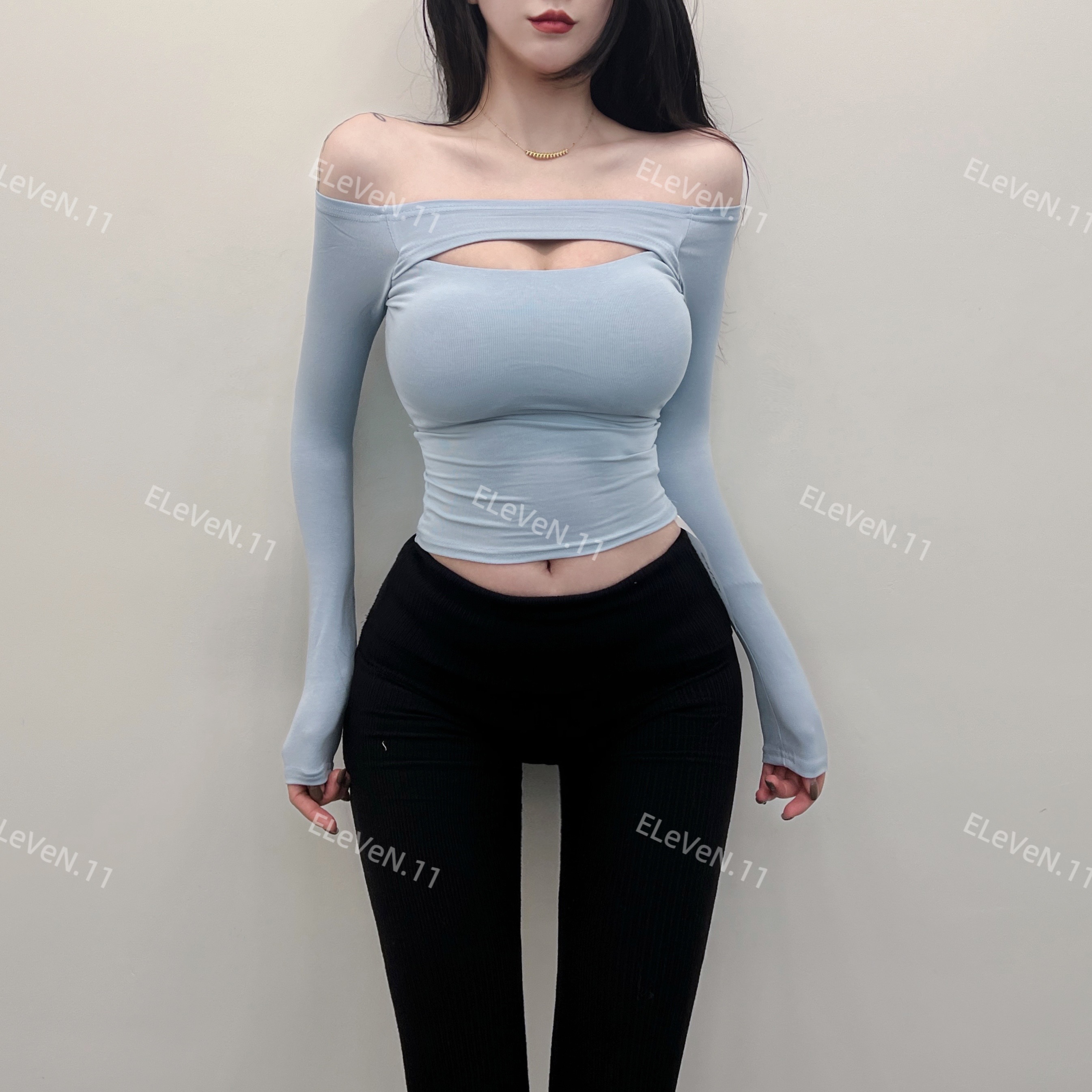 带胸垫~纯欲复古一字肩镂空长袖t恤女春季高级百搭性感打底衫上衣