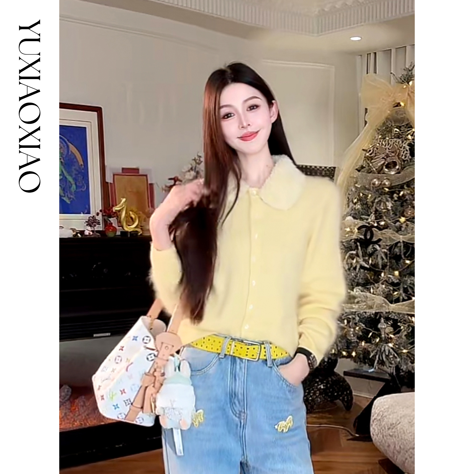 余潇潇【绒绒暖阳】100绵羊毛可拆卸娃娃领甜美舒适拉绒开衫毛衣