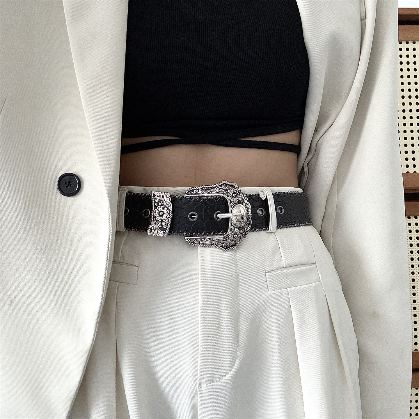 柳吴伟美式y2k辣妹腰带小众黑色鳄鱼纹皮带女款配牛仔裤带男百搭