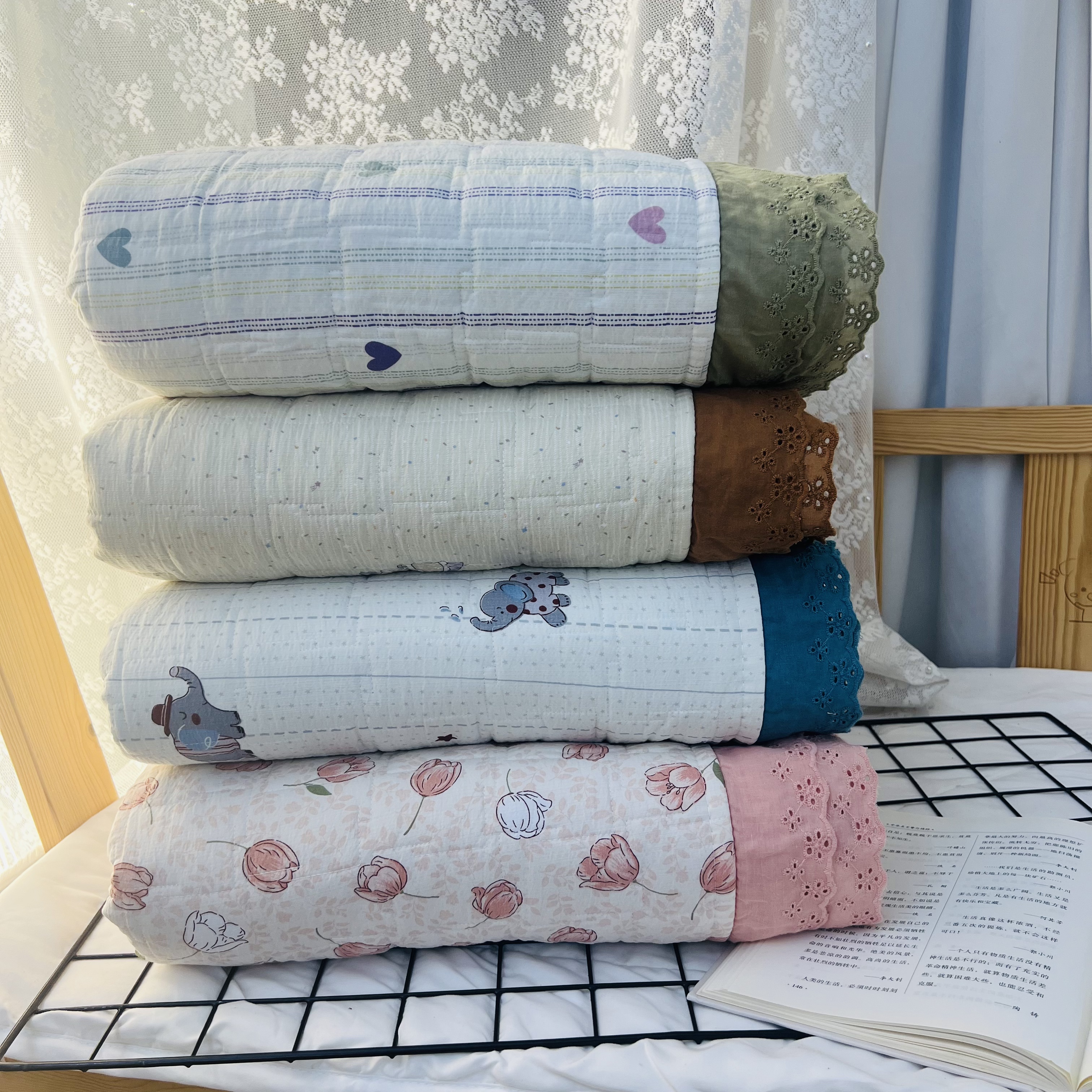 云感皱皱纱花边大豆棉床盖能铺能盖四季款学生可用