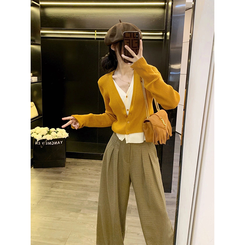 INS CEC秋季新款韩系拼接假两件针织衫高腰显瘦阔腿休闲裤套装女