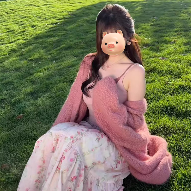 早秋流行韩系穿搭粉色马海毛毛衣开衫女秋冬季宽松慵懒风针织外套
