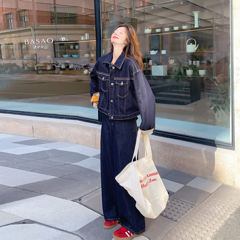 复古港风牛仔套装裤女2025春秋新款甜酷盐系松弛感时尚显瘦两件套