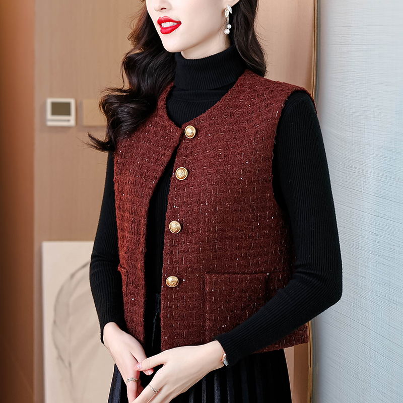 小香风粗花呢背心女秋冬季新款法式马甲外穿无袖坎肩妈妈毛呢马夹