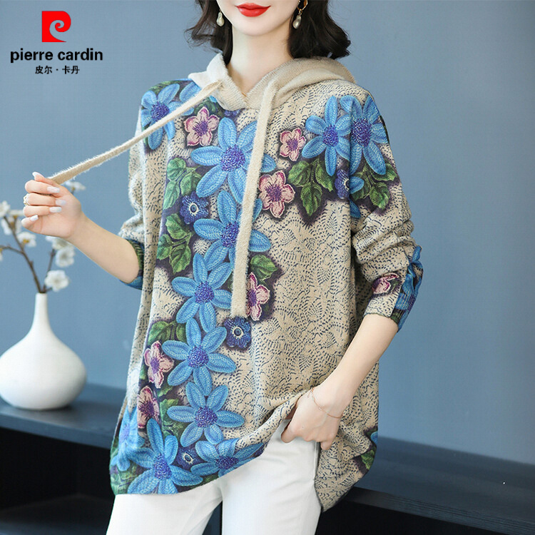 皮尔卡丹印花连帽卫衣女秋冬洋气中年妈妈毛衣中长款遮屁股显瘦大