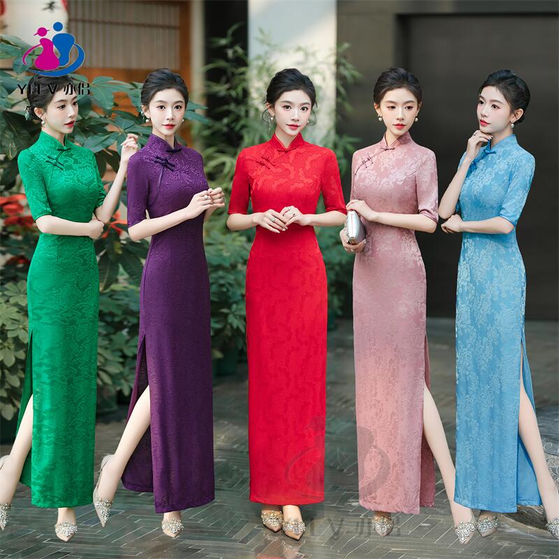 2005新年日常中袖新中式气质针织提花秋冬走秀修身长款旗袍连衣裙